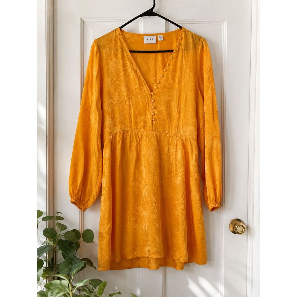 Mustard Yellow Jacquard Dress Balloon Sleeve Button Front L Boho summer